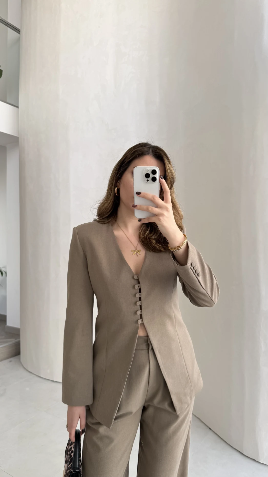 Fular Detay Vatkalı Düğmeli Ceket-Pantolon Takım - Haki - Kod: 9046