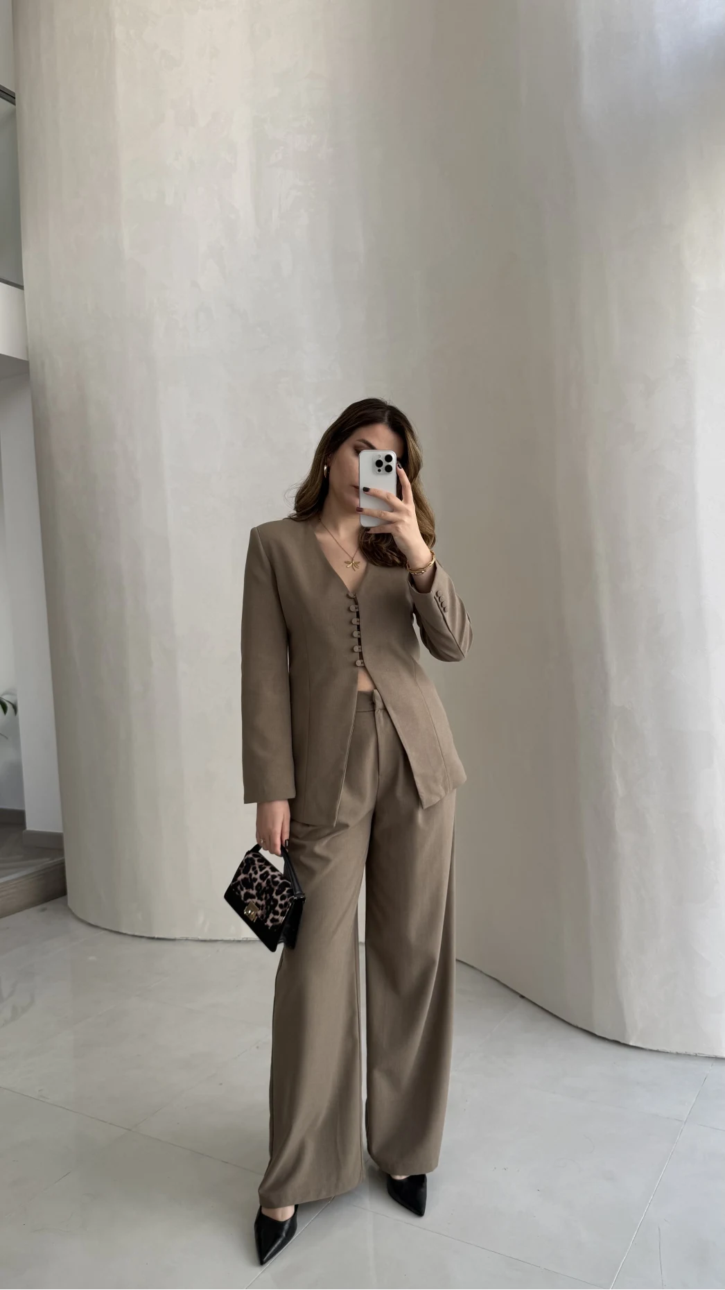 Fular Detay Vatkalı Düğmeli Ceket-Pantolon Takım - Haki - Kod: 9046