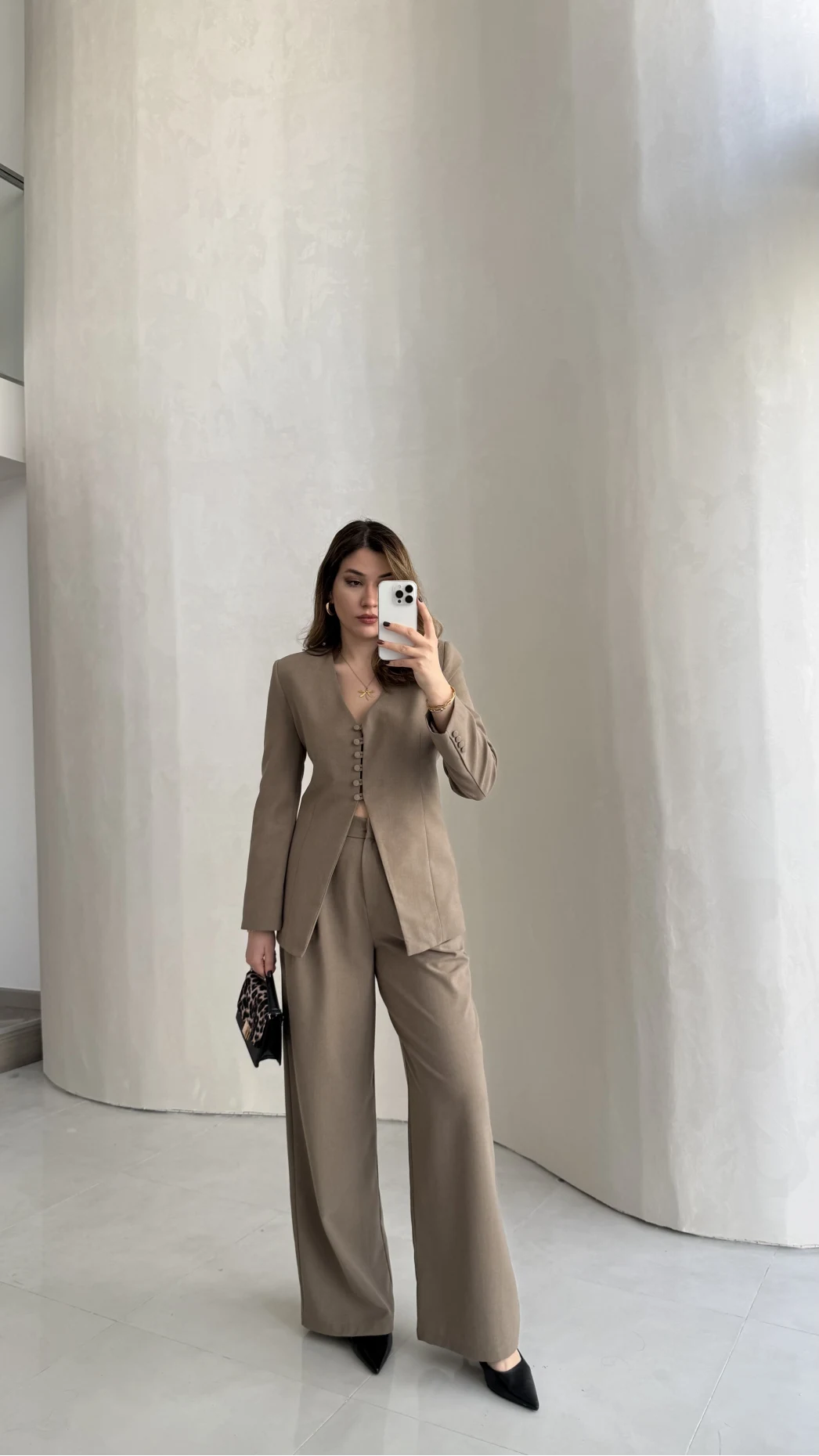 Fular Detay Vatkalı Düğmeli Ceket-Pantolon Takım - Haki - Kod: 9046