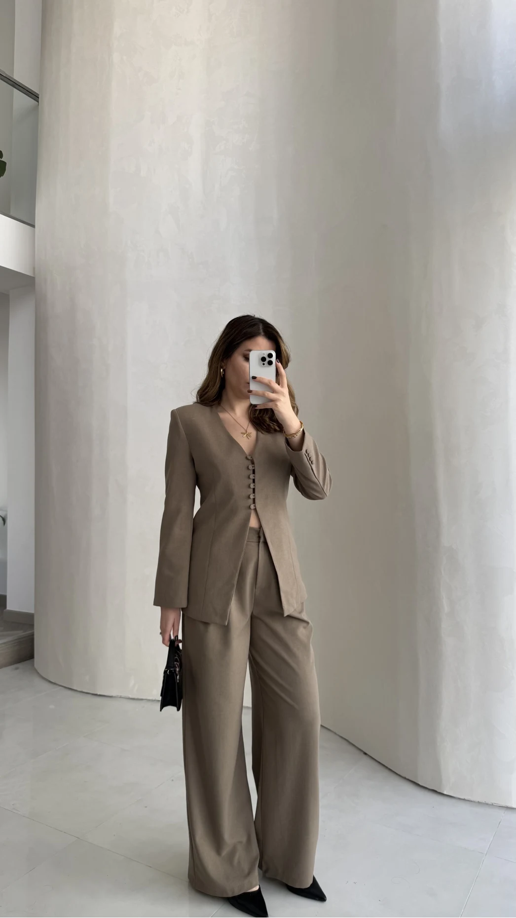 Fular Detay Vatkalı Düğmeli Ceket-Pantolon Takım - Haki - Kod: 9046