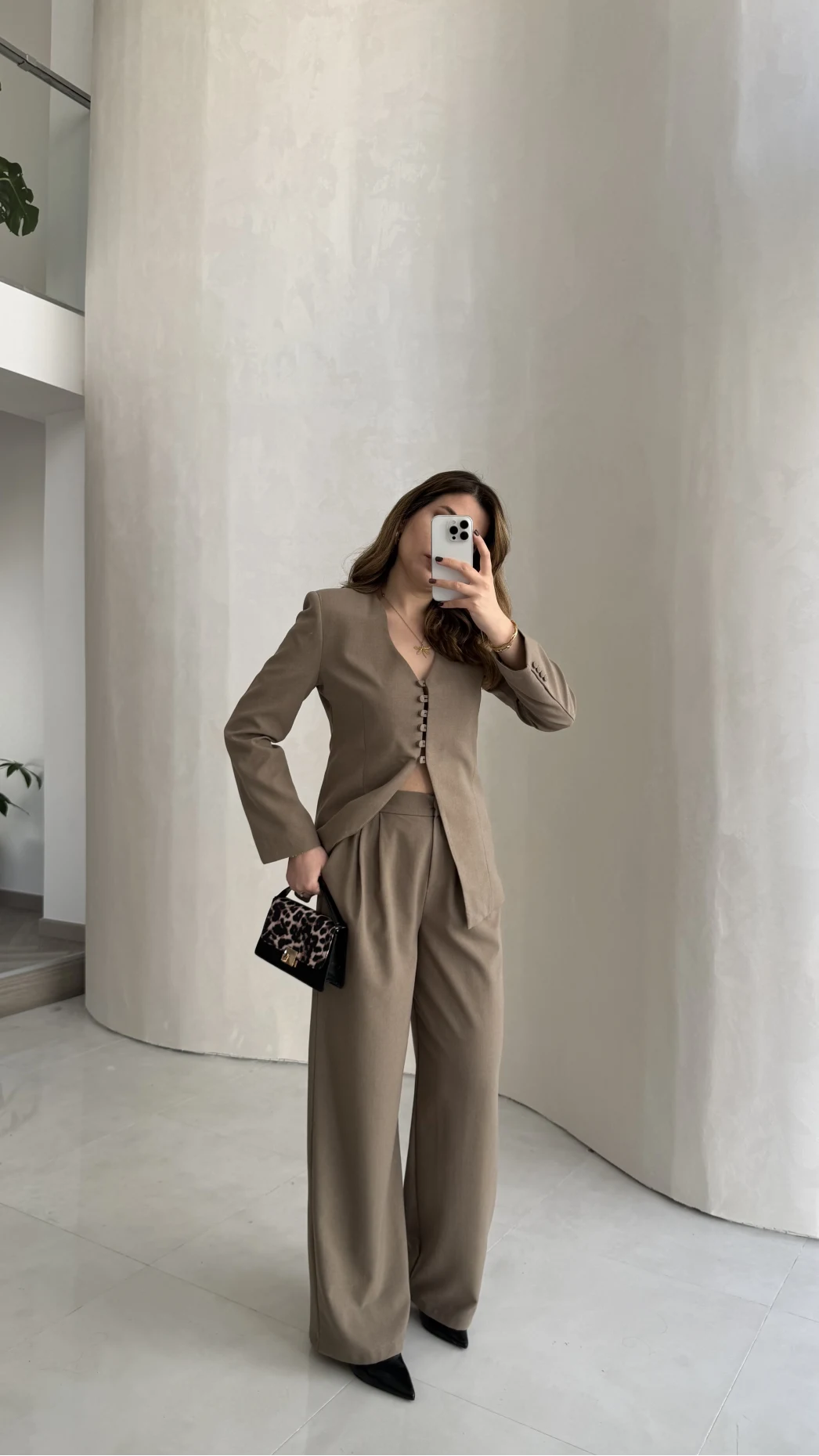 Fular Detay Vatkalı Düğmeli Ceket-Pantolon Takım - Haki - Kod: 9046