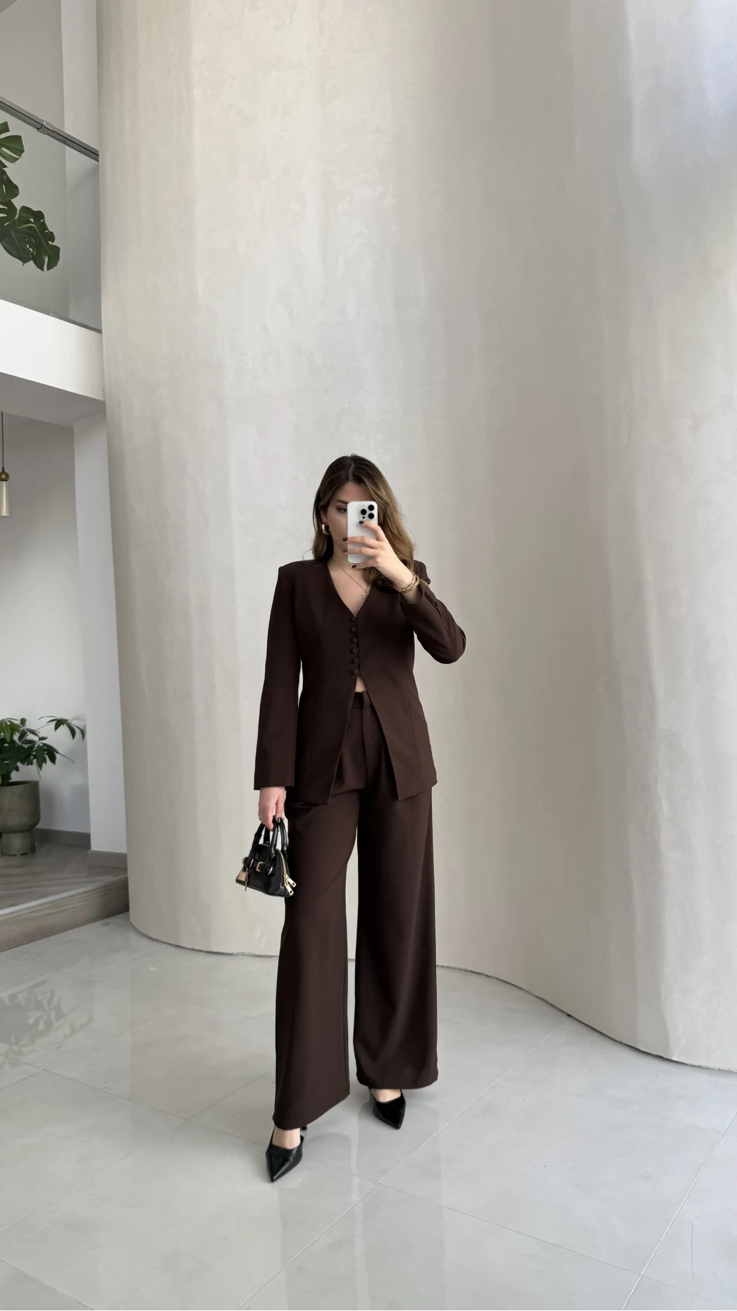 Fular Detay Vatkalı Düğmeli Ceket-Pantolon Takım - Kahve - Kod: 9046