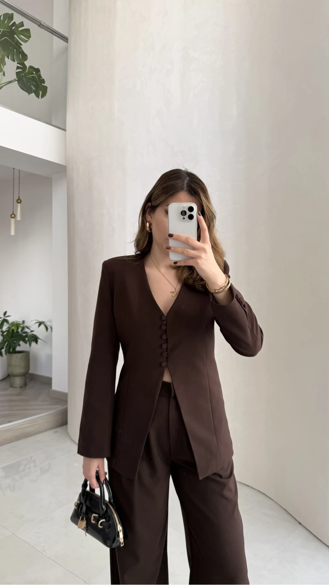 Fular Detay Vatkalı Düğmeli Ceket-Pantolon Takım - Kahve - Kod: 9046