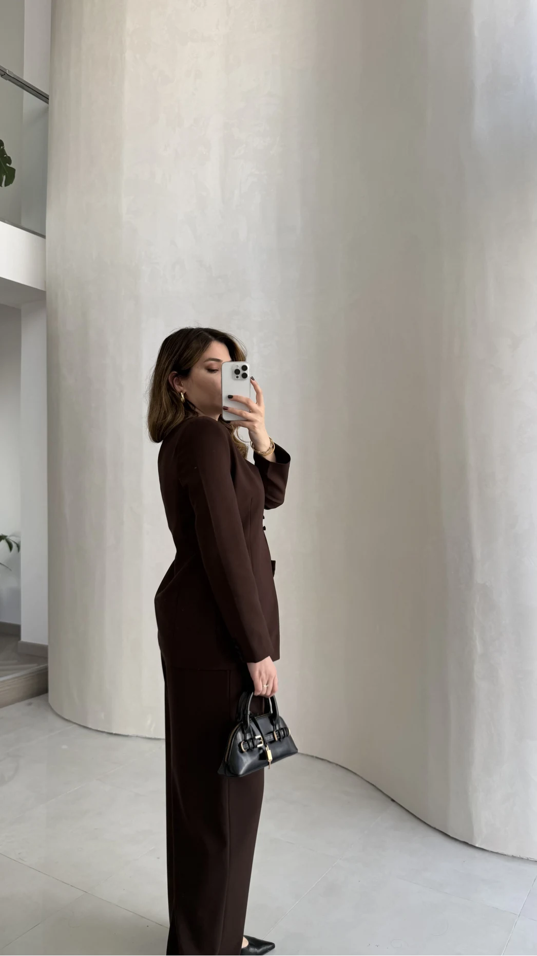 Fular Detay Vatkalı Düğmeli Ceket-Pantolon Takım - Kahve - Kod: 9046