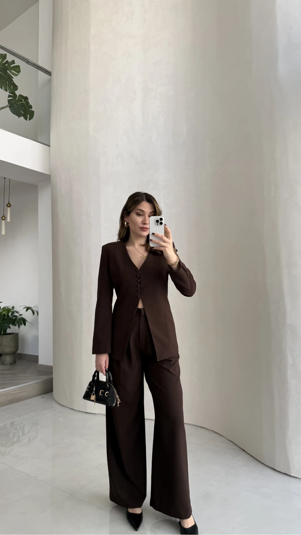 Fular Detay Vatkalı Düğmeli Ceket-Pantolon Takım - Kahve - Kod: 9046