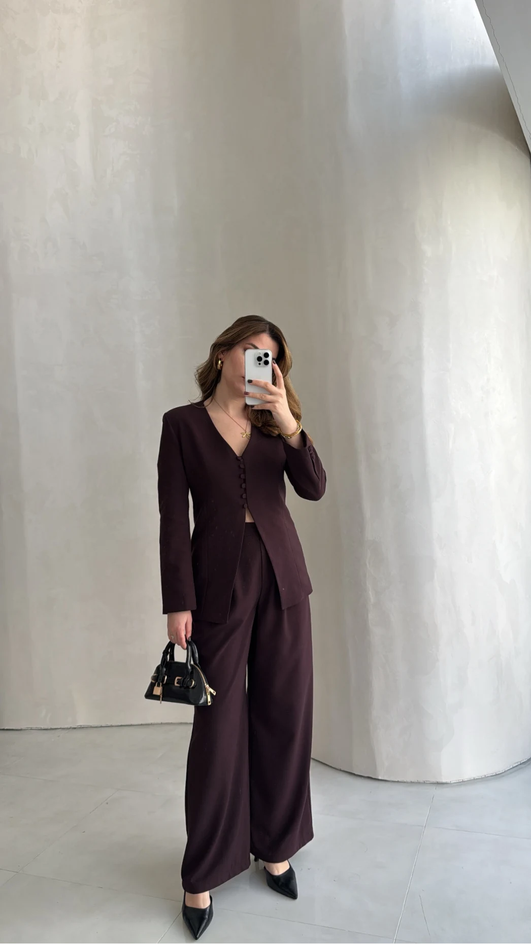 Fular Detay Vatkalı Düğmeli Ceket-Pantolon Takım - Mürdüm - Kod: 9046