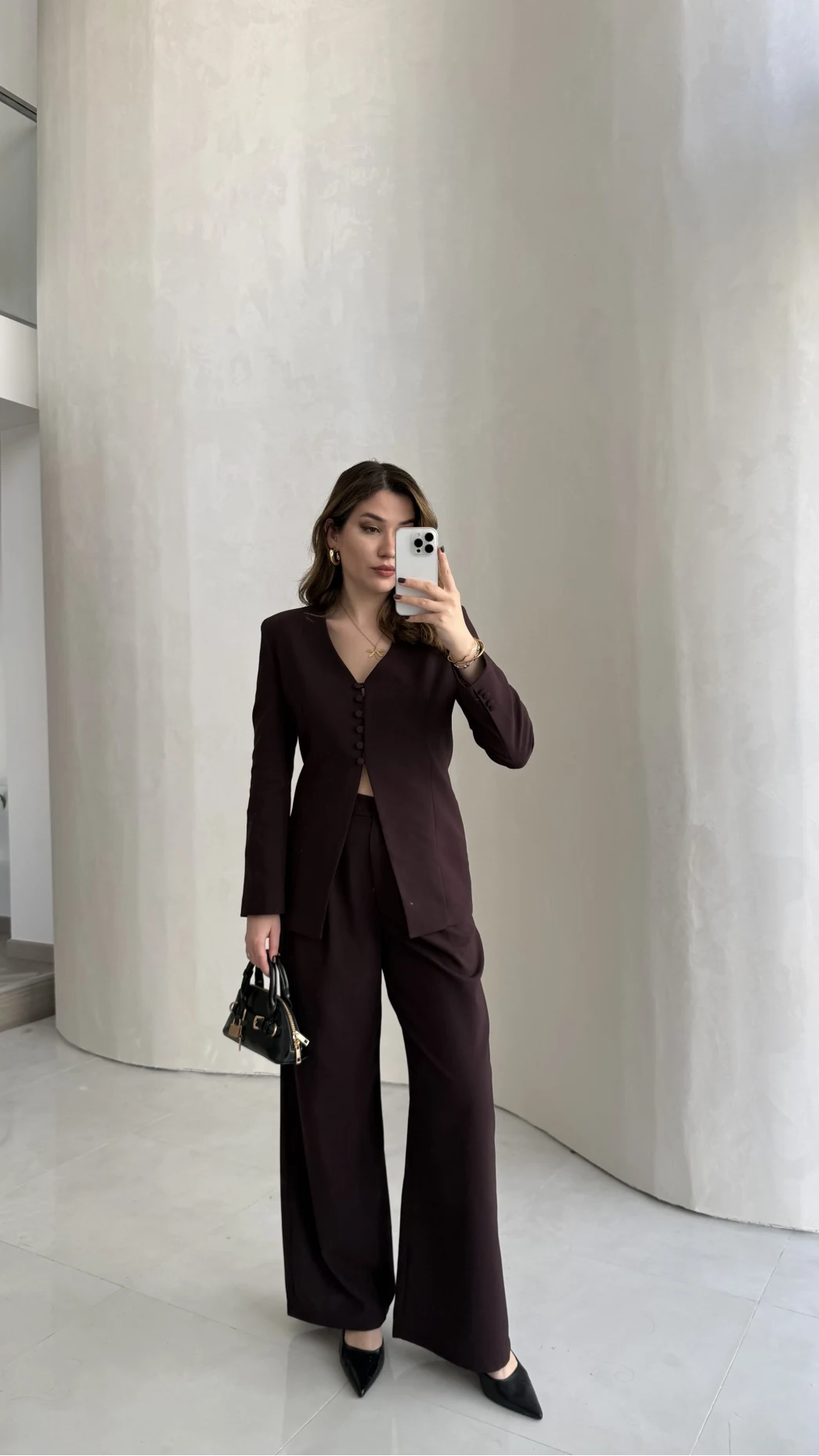 Fular Detay Vatkalı Düğmeli Ceket-Pantolon Takım - Mürdüm - Kod: 9046