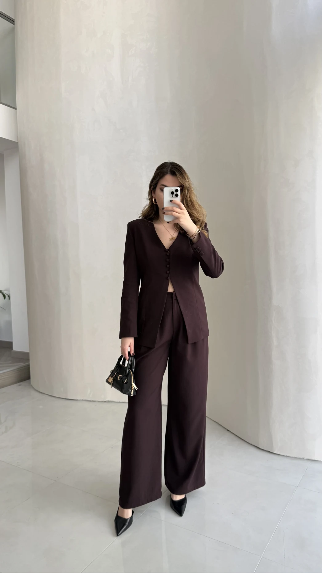 Fular Detay Vatkalı Düğmeli Ceket-Pantolon Takım - Mürdüm - Kod: 9046