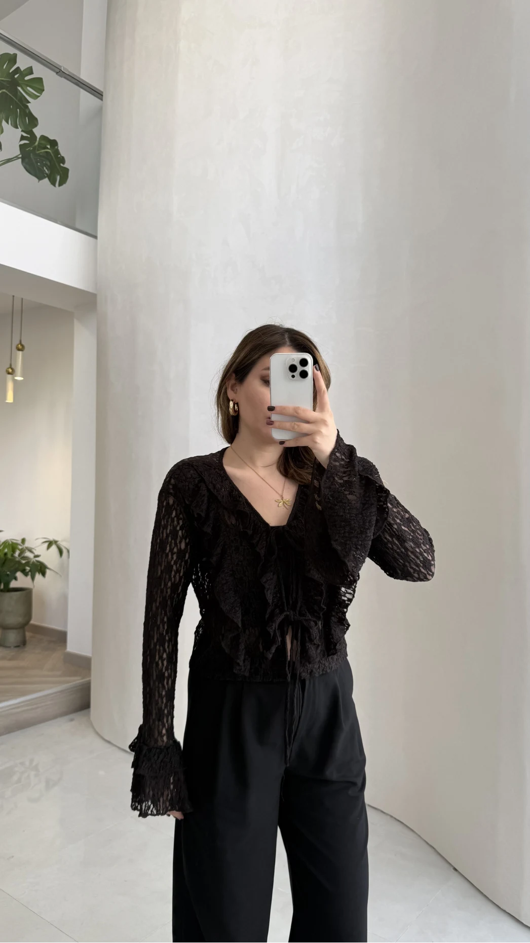 Harmony Fırfırlı Bağlamalı Dantel Bluz - Kahverengi - Kod: 1068