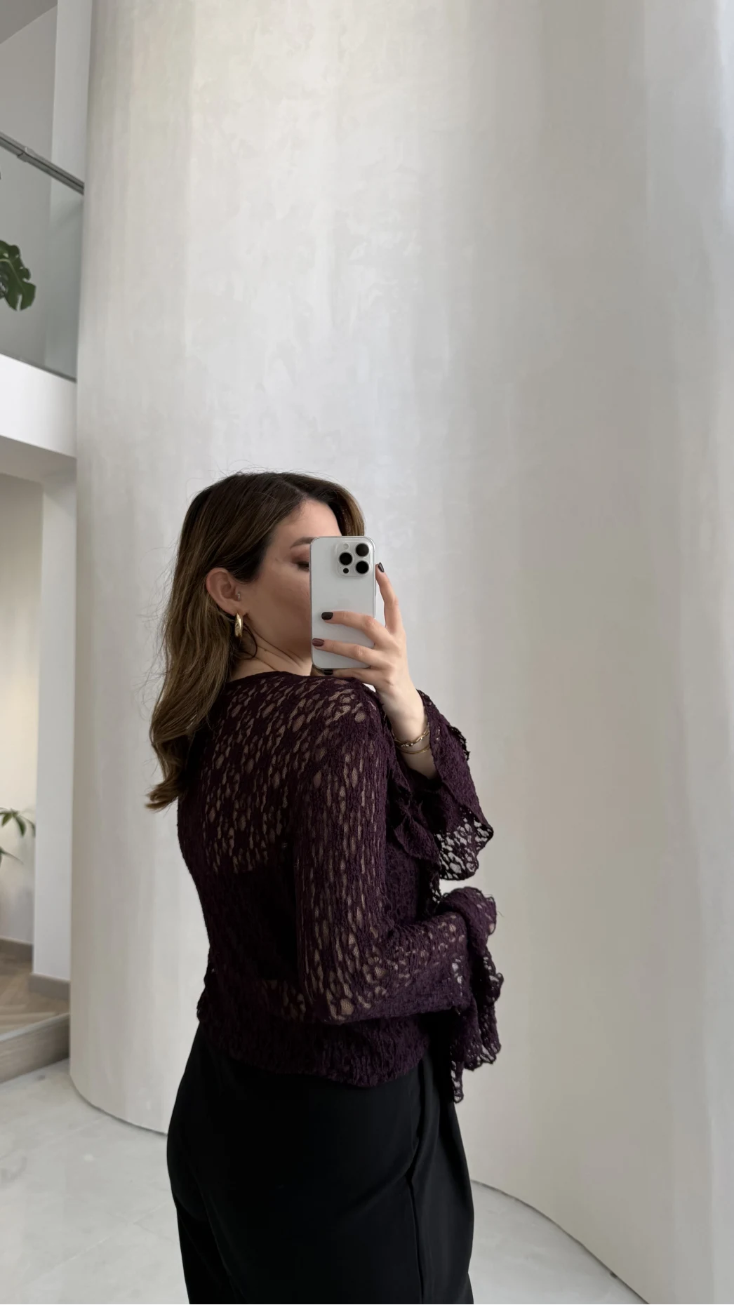 Harmony Fırfırlı Bağlamalı Dantel Bluz - Mürdüm - Kod: 1068