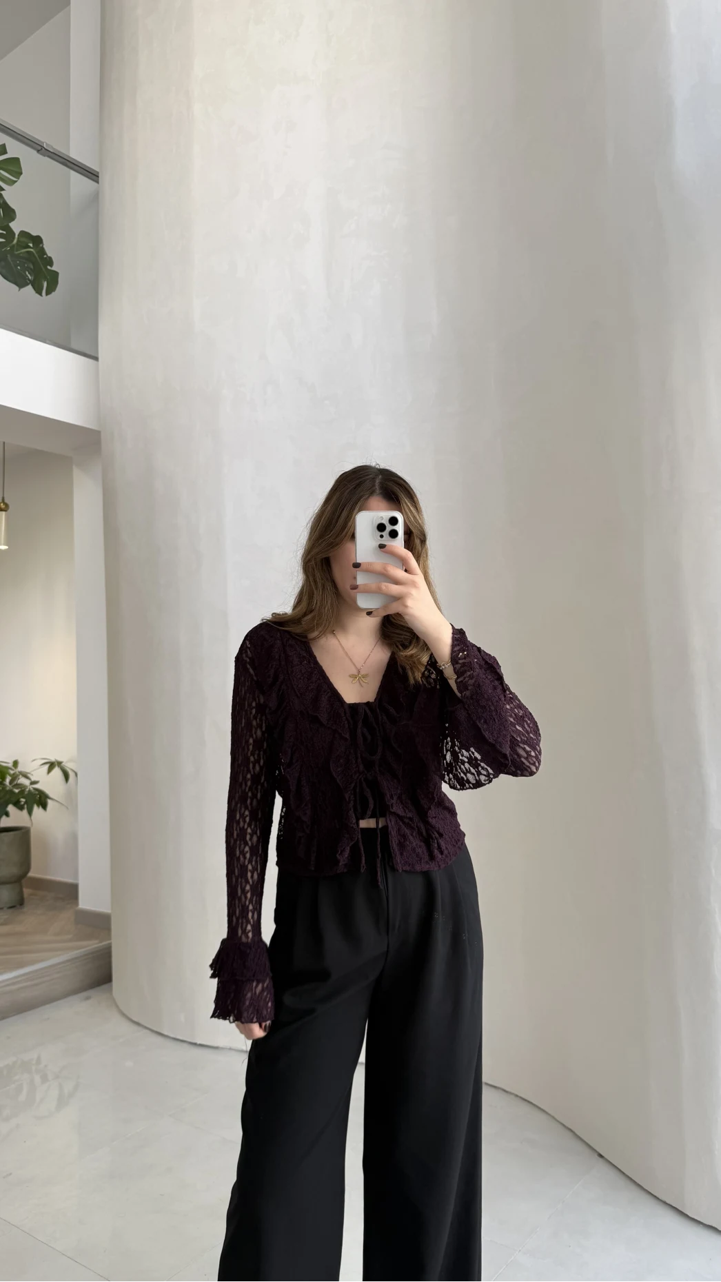 Harmony Fırfırlı Bağlamalı Dantel Bluz - Mürdüm - Kod: 1068