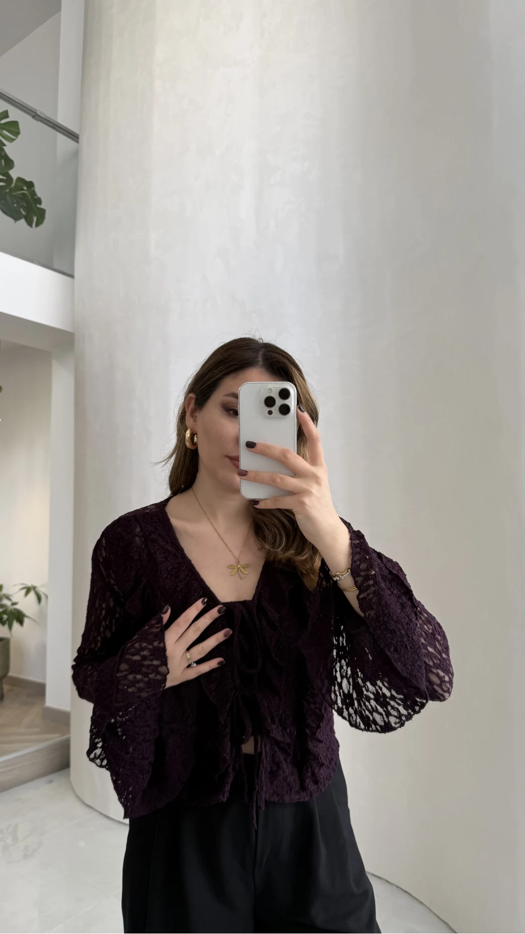 Harmony Fırfırlı Bağlamalı Dantel Bluz - Mürdüm - Kod: 1068