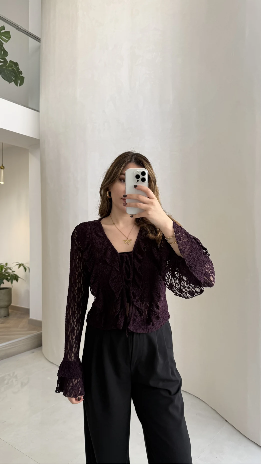 Harmony Fırfırlı Bağlamalı Dantel Bluz - Mürdüm - Kod: 1068