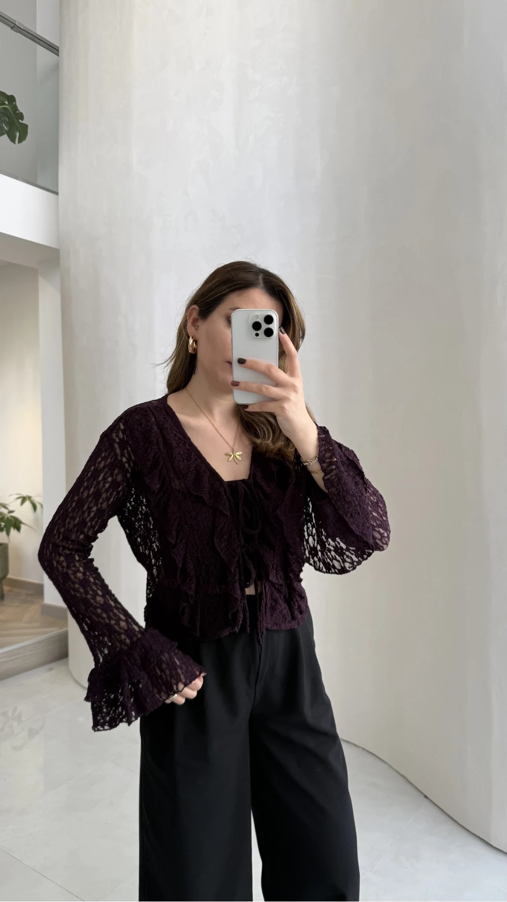 Harmony Fırfırlı Bağlamalı Dantel Bluz - Mürdüm - Kod: 1068