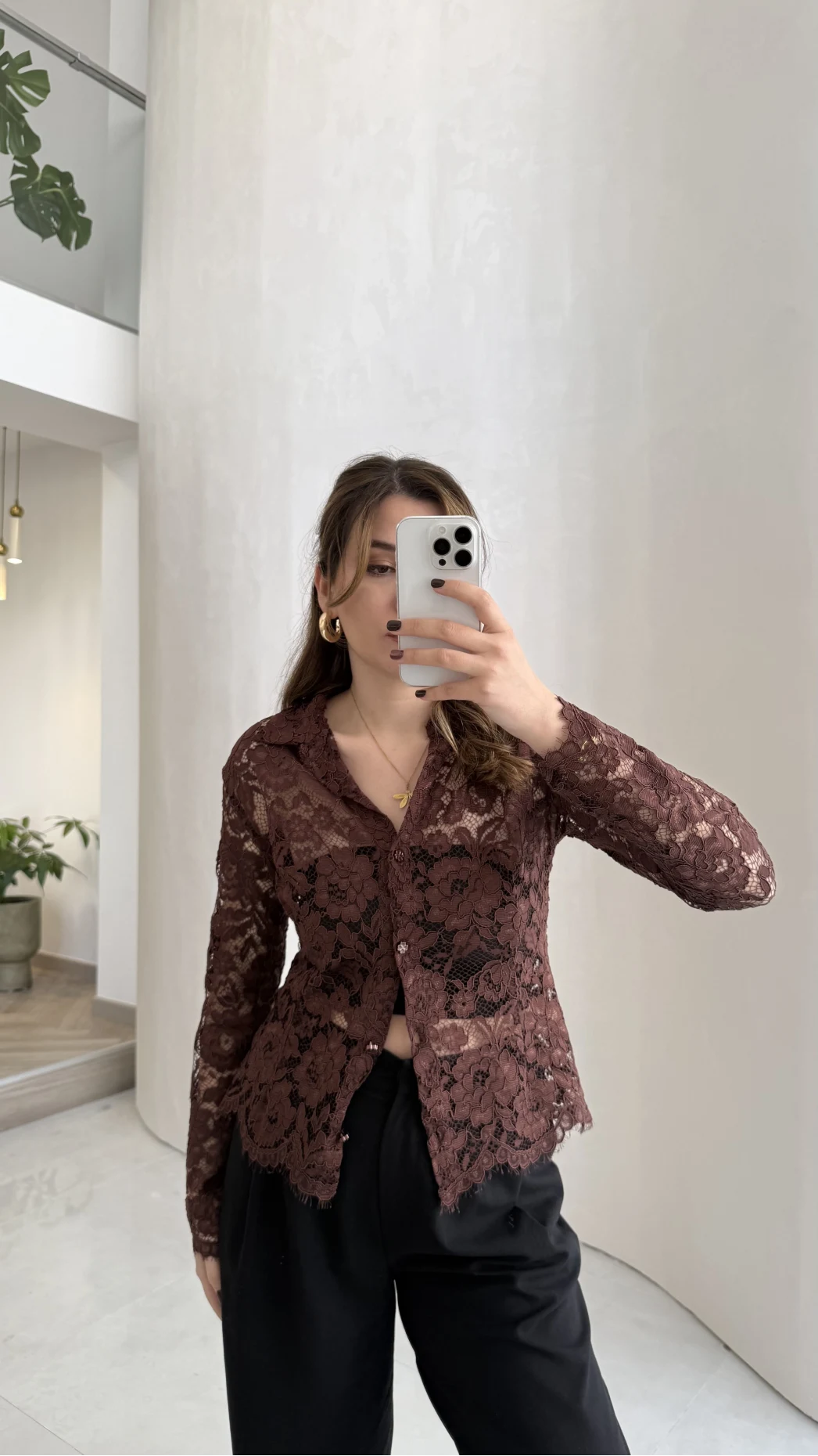 Acı Kahve Dantel Gömlek - Kod: 2081