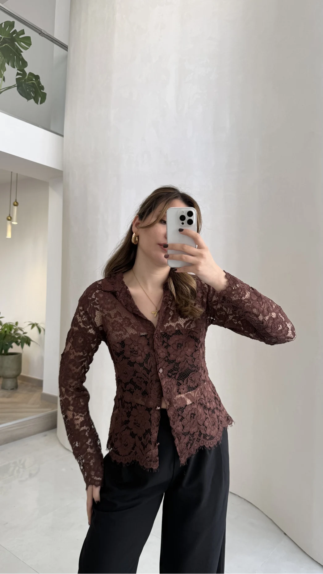 Acı Kahve Dantel Gömlek - Kod: 2081