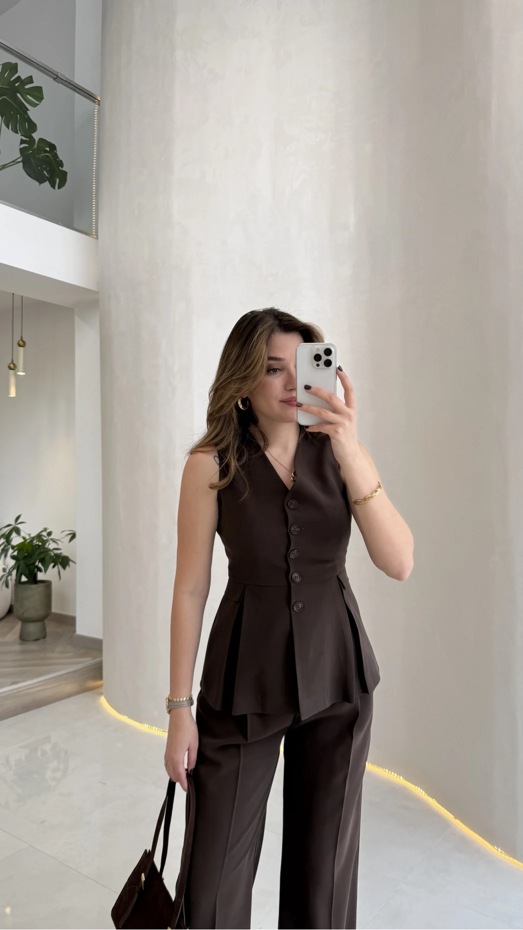 Lumiere Bele Oturan Sıfır Kol Düğmeli Takım - Kahve - Kod: 9041