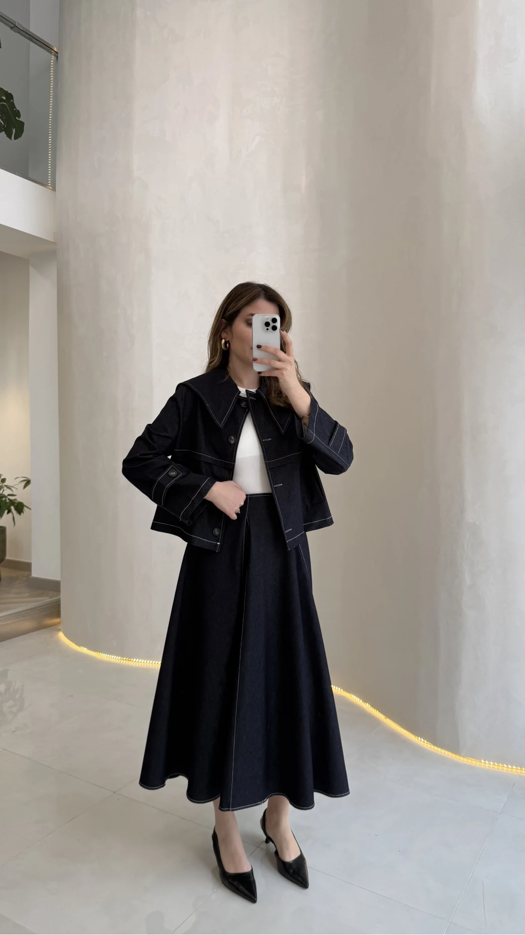 Serenity Pelerinli Denim Etek-Ceket Takım - Lacivert - Kod: 586