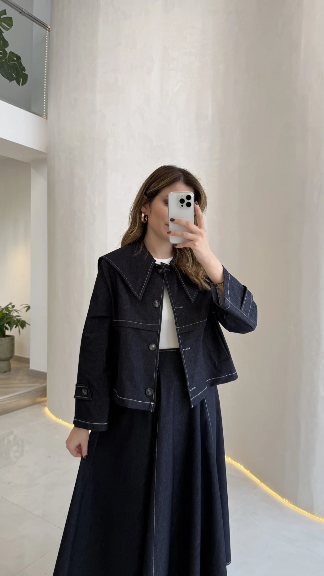 Serenity Pelerinli Denim Etek-Ceket Takım - Lacivert - Kod: 586