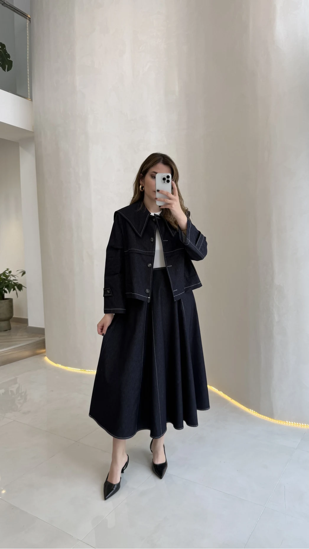 Serenity Pelerinli Denim Etek-Ceket Takım - Lacivert - Kod: 586