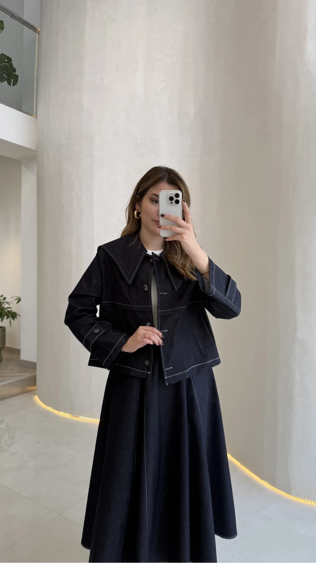 Serenity Pelerinli Denim Etek-Ceket Takım - Lacivert - Kod: 586