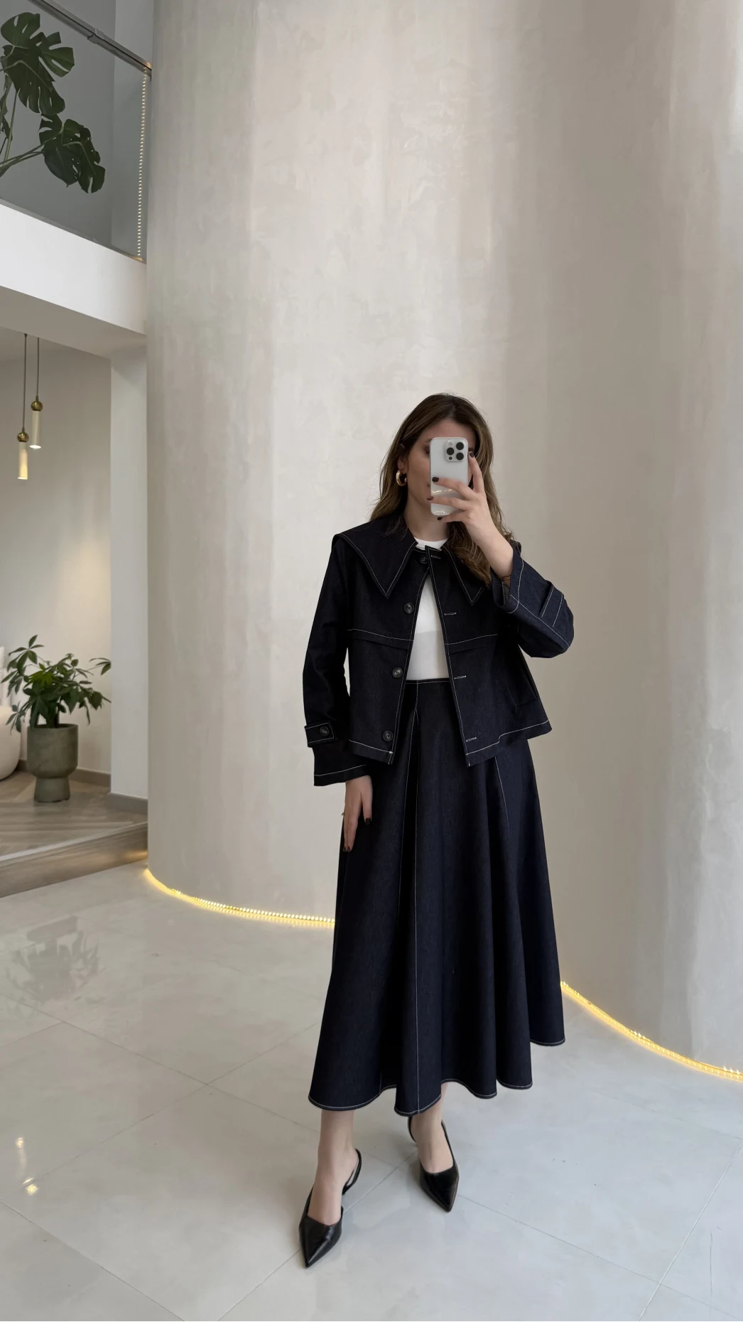 Serenity Pelerinli Denim Etek-Ceket Takım - Lacivert - Kod: 586