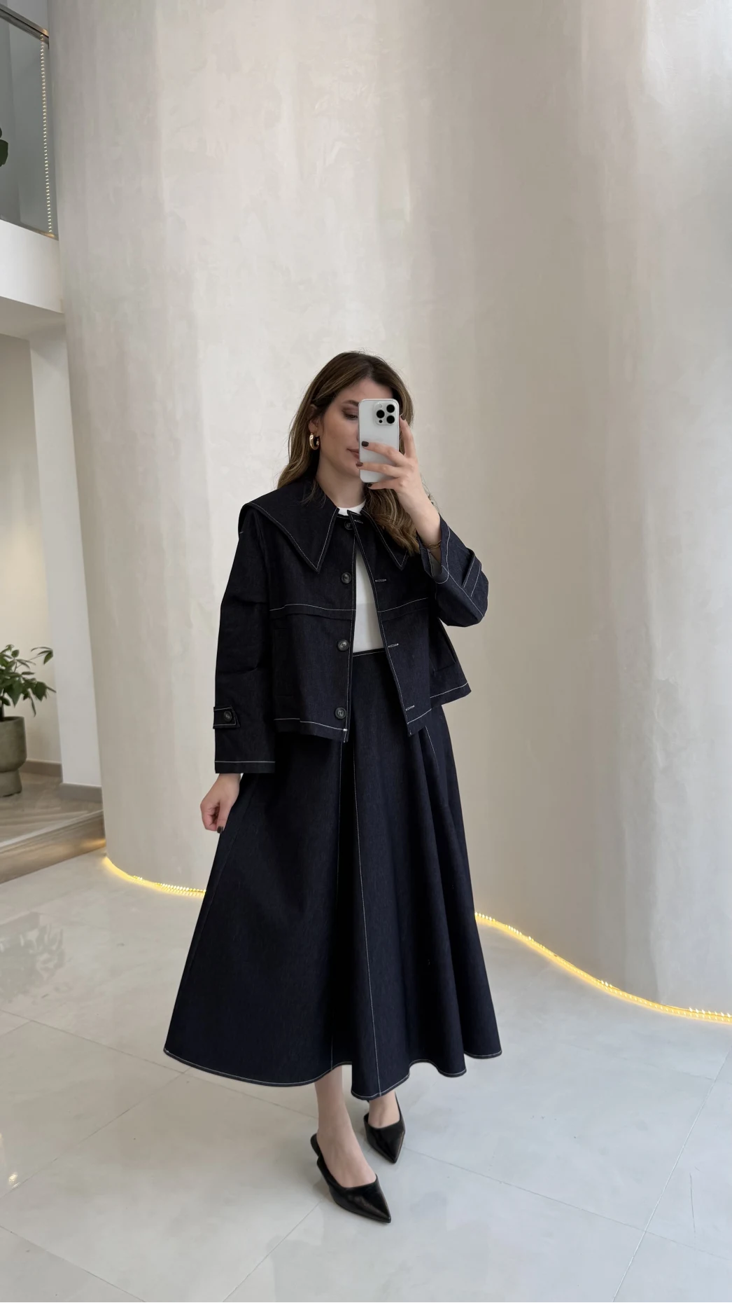 Serenity Pelerinli Denim Etek-Ceket Takım - Lacivert - Kod: 586