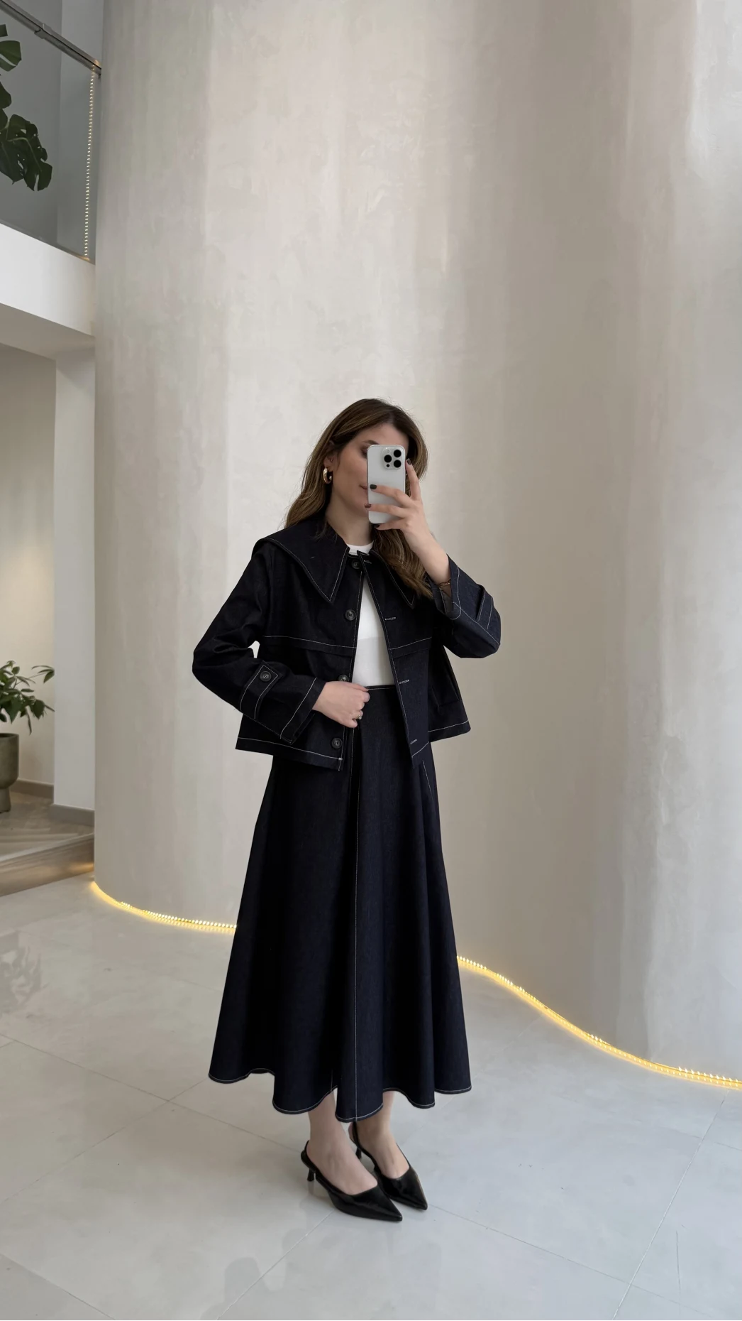 Serenity Pelerinli Denim Etek-Ceket Takım - Lacivert - Kod: 586