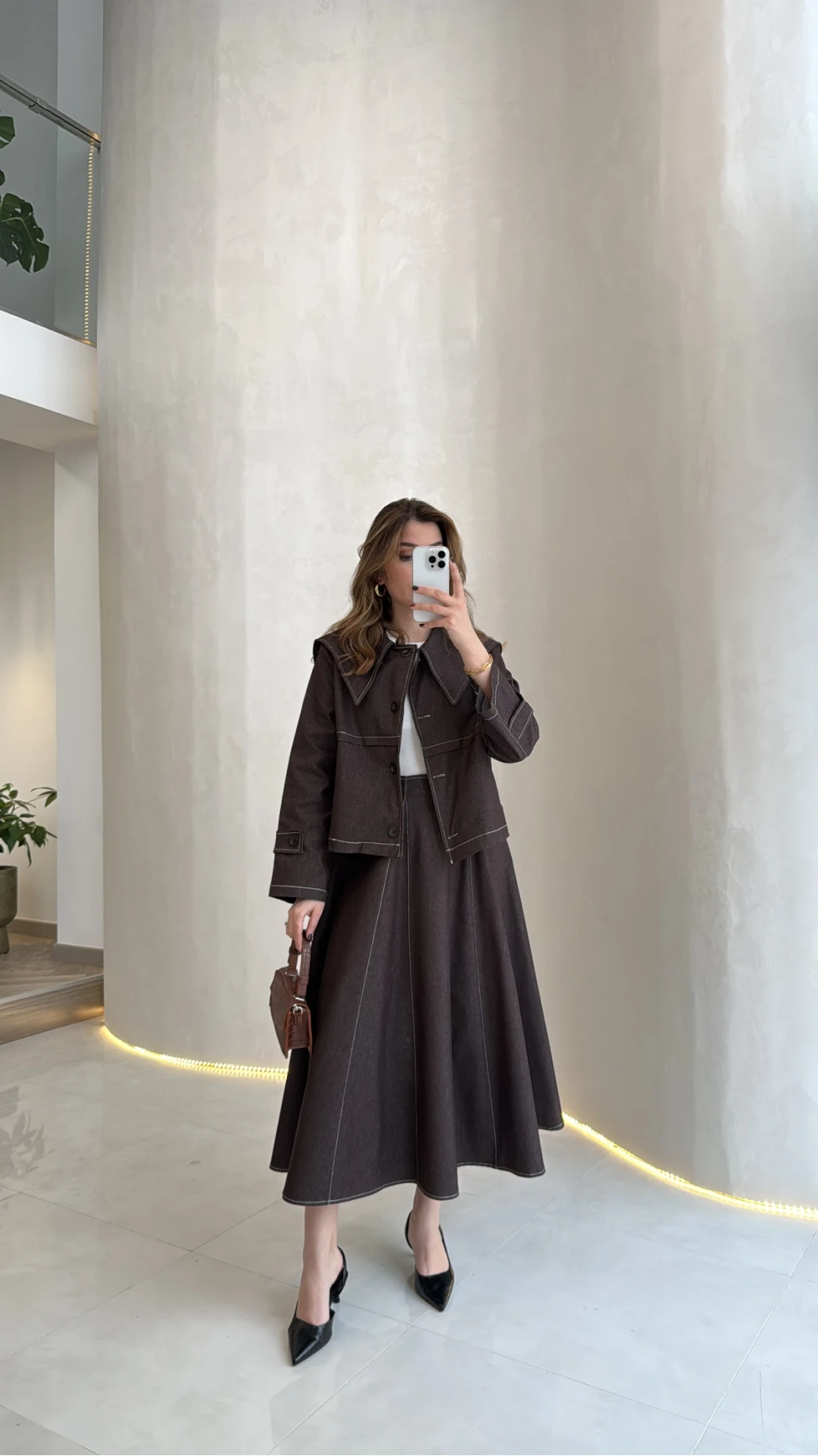 Serenity Pelerinli Denim Etek-Ceket Takım - Kahverengi - Kod: 586