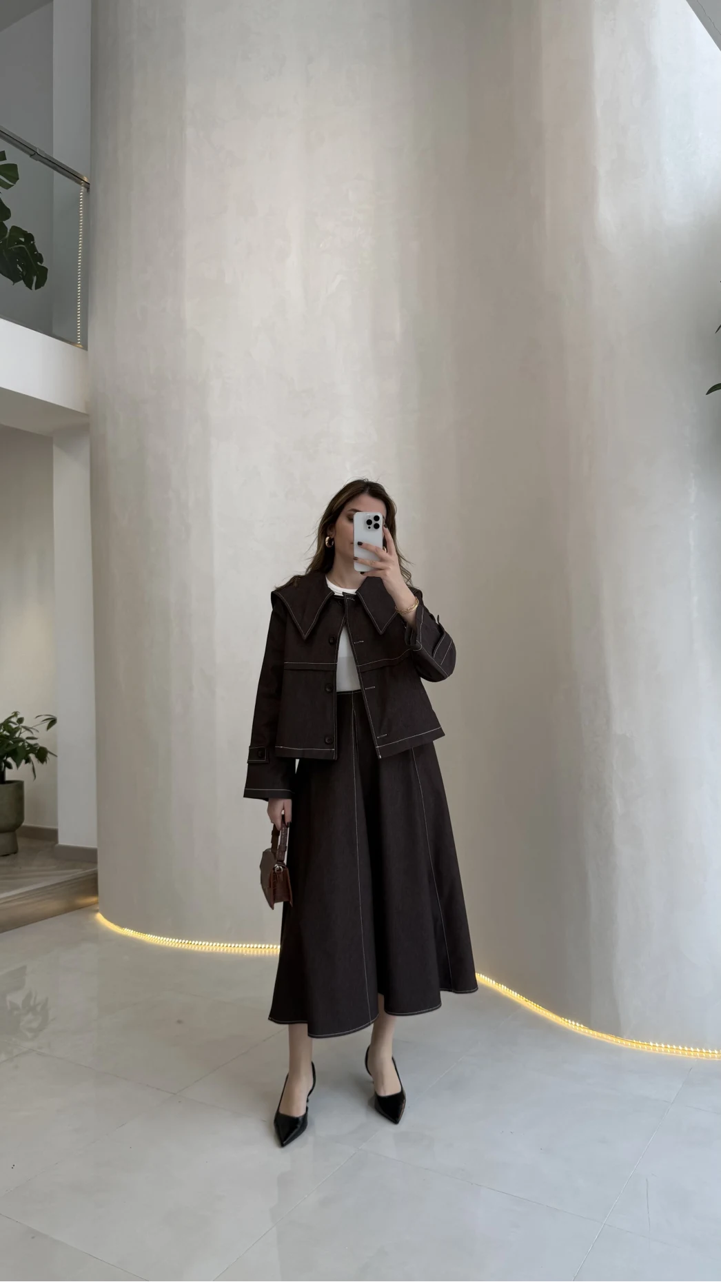 Serenity Pelerinli Denim Etek-Ceket Takım - Kahverengi - Kod: 586