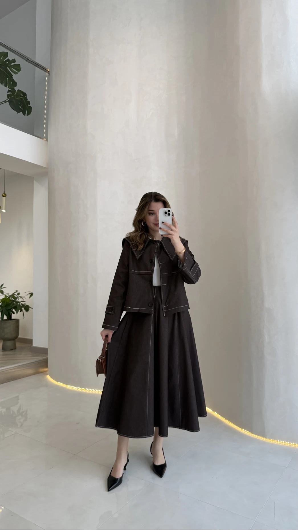 Serenity Pelerinli Denim Etek-Ceket Takım - Kahverengi - Kod: 586