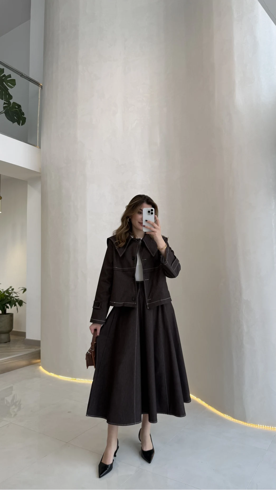 Serenity Pelerinli Denim Etek-Ceket Takım - Kahverengi - Kod: 586