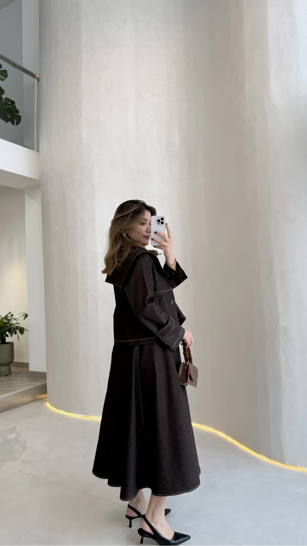 Serenity Pelerinli Denim Etek-Ceket Takım - Kahverengi - Kod: 586