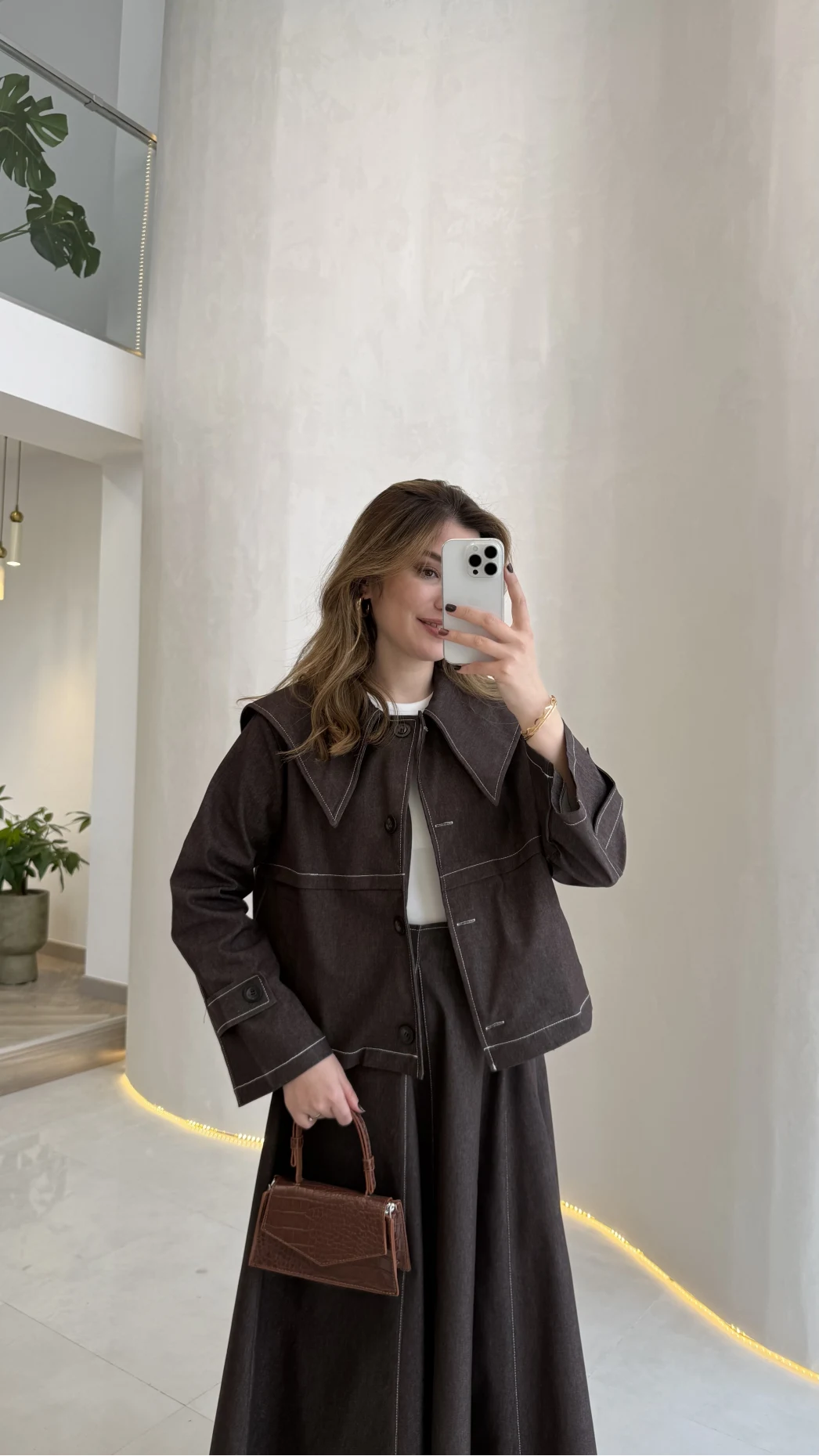 Serenity Pelerinli Denim Etek-Ceket Takım - Kahverengi - Kod: 586