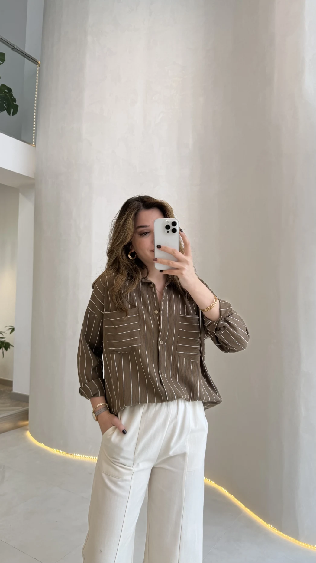 Sheep Çizgili Gömlek - Haki-Beyaz Çizgili - Kod: 2217