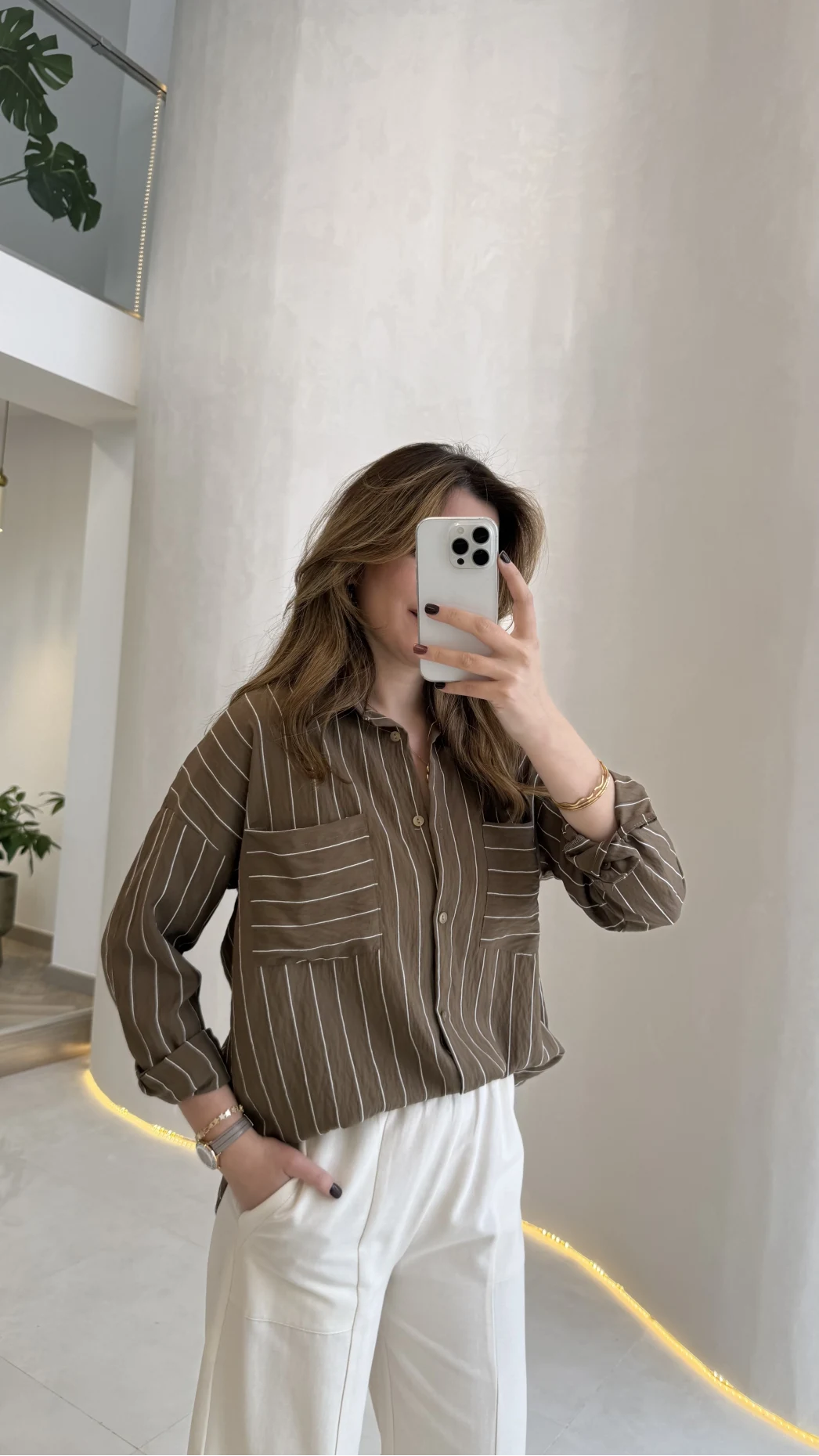 Sheep Çizgili Gömlek - Haki-Beyaz Çizgili - Kod: 2217