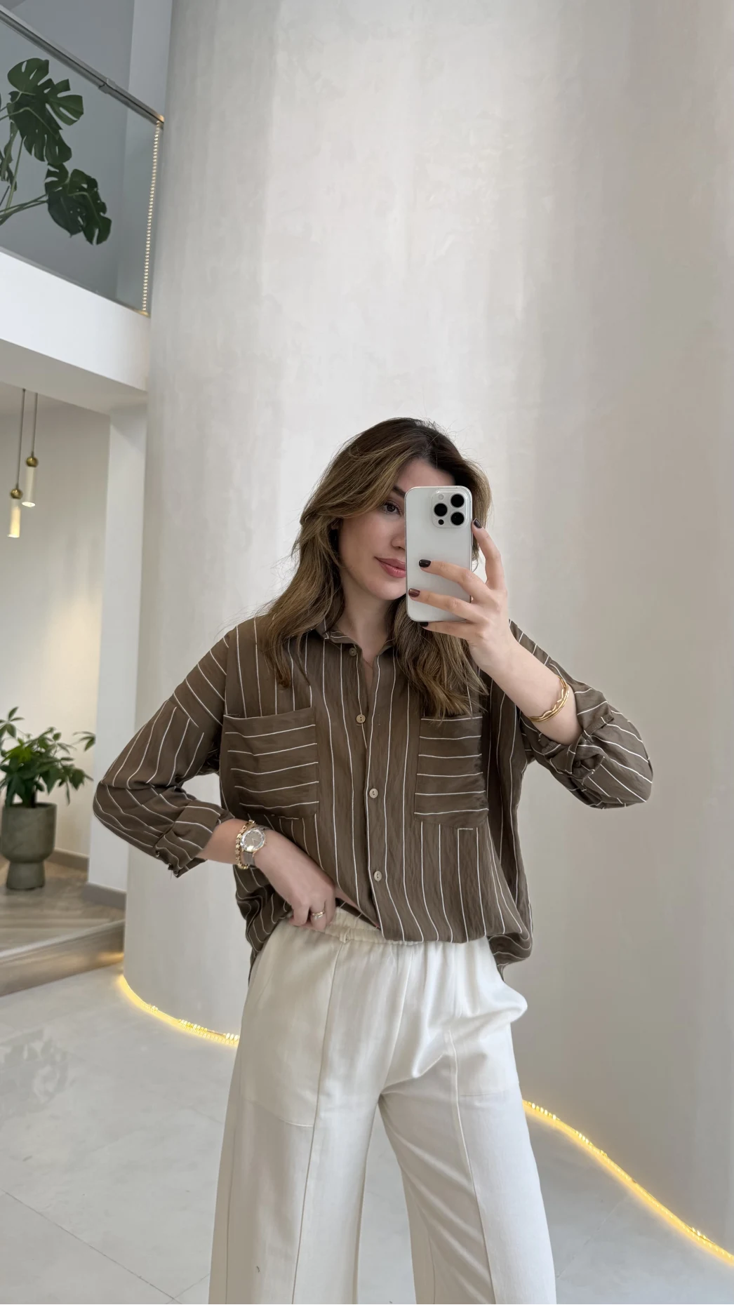 Sheep Çizgili Gömlek - Haki-Beyaz Çizgili - Kod: 2217