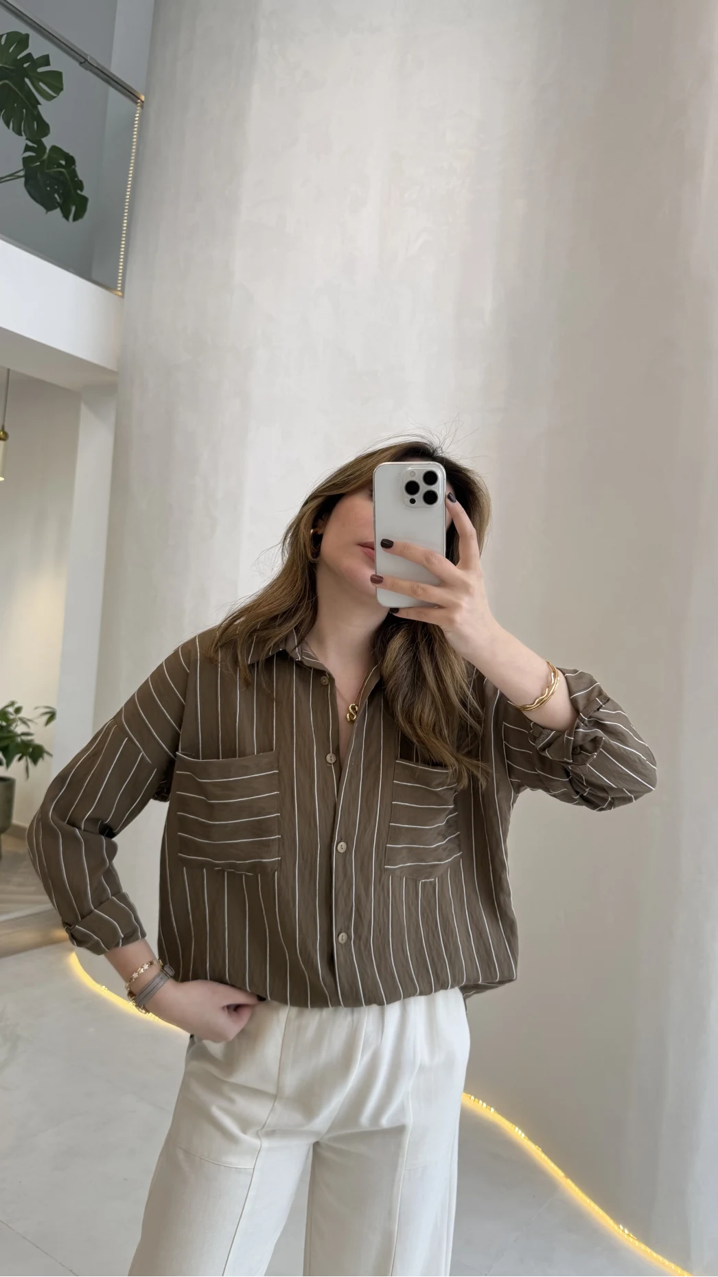 Sheep Çizgili Gömlek - Haki-Beyaz Çizgili - Kod: 2217