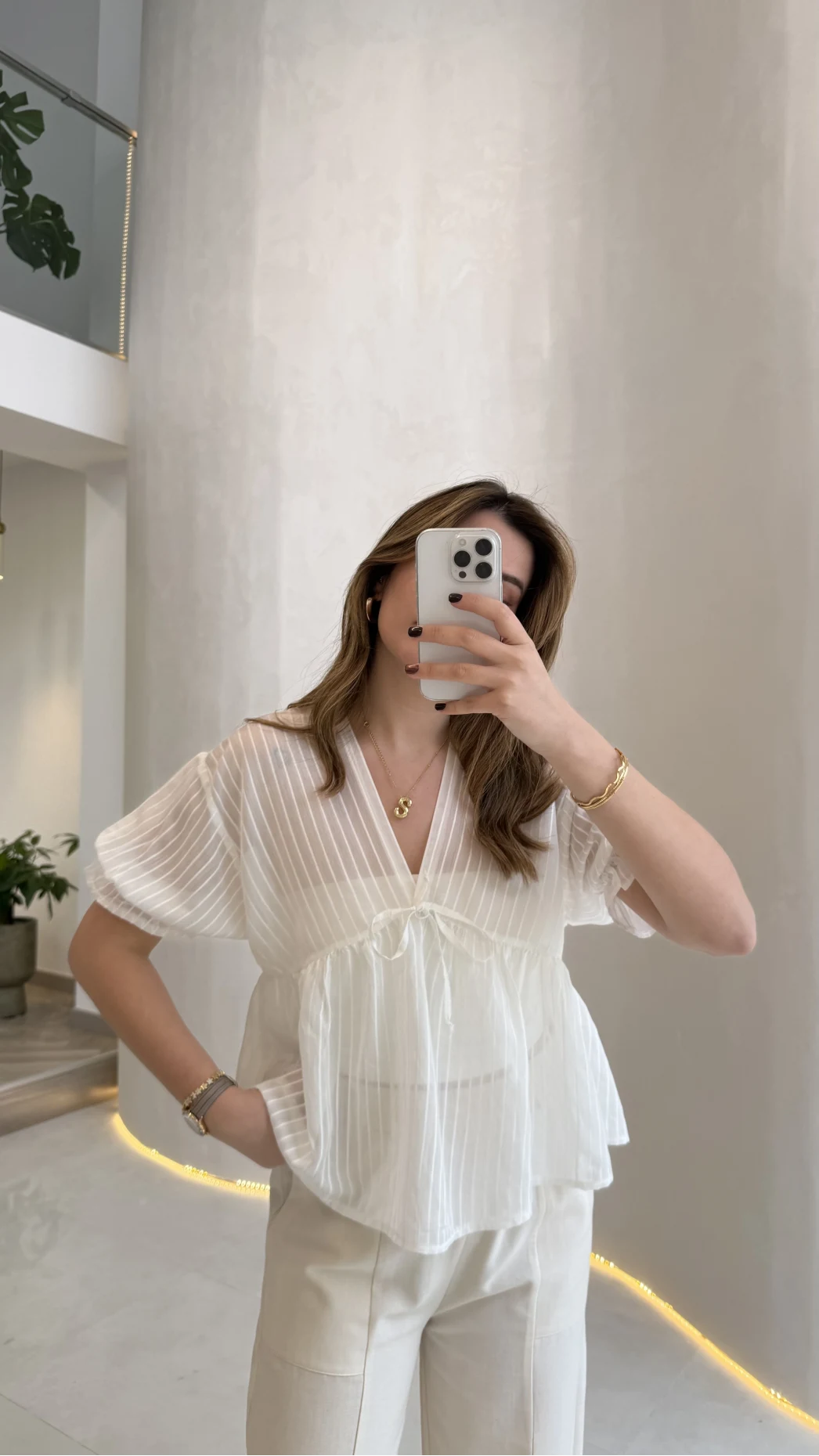 Çizgili Balon Kol Bağlamalı Bluz - Ekru - Kod: 1057