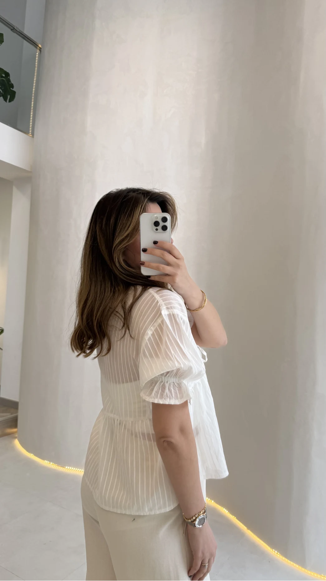 Çizgili Balon Kol Bağlamalı Bluz - Ekru - Kod: 1057