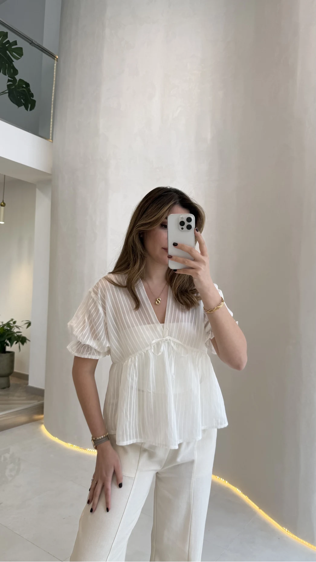 Çizgili Balon Kol Bağlamalı Bluz - Ekru - Kod: 1057