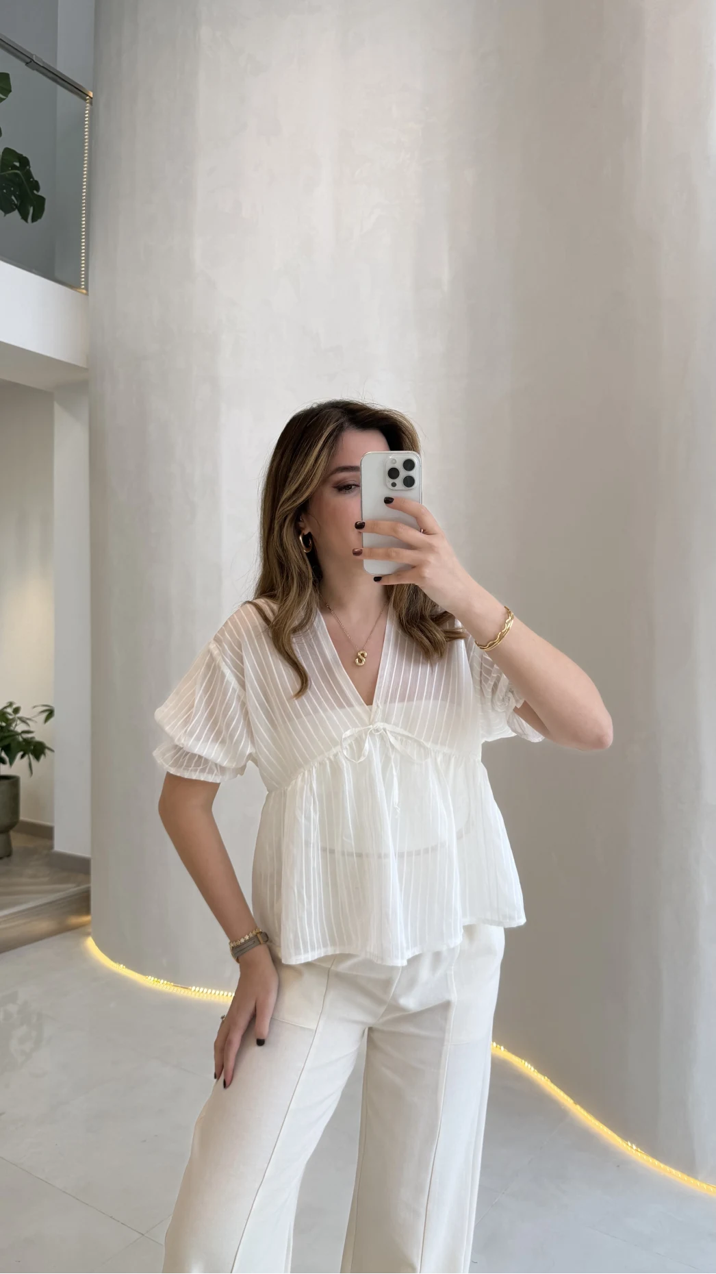 Çizgili Balon Kol Bağlamalı Bluz - Ekru - Kod: 1057