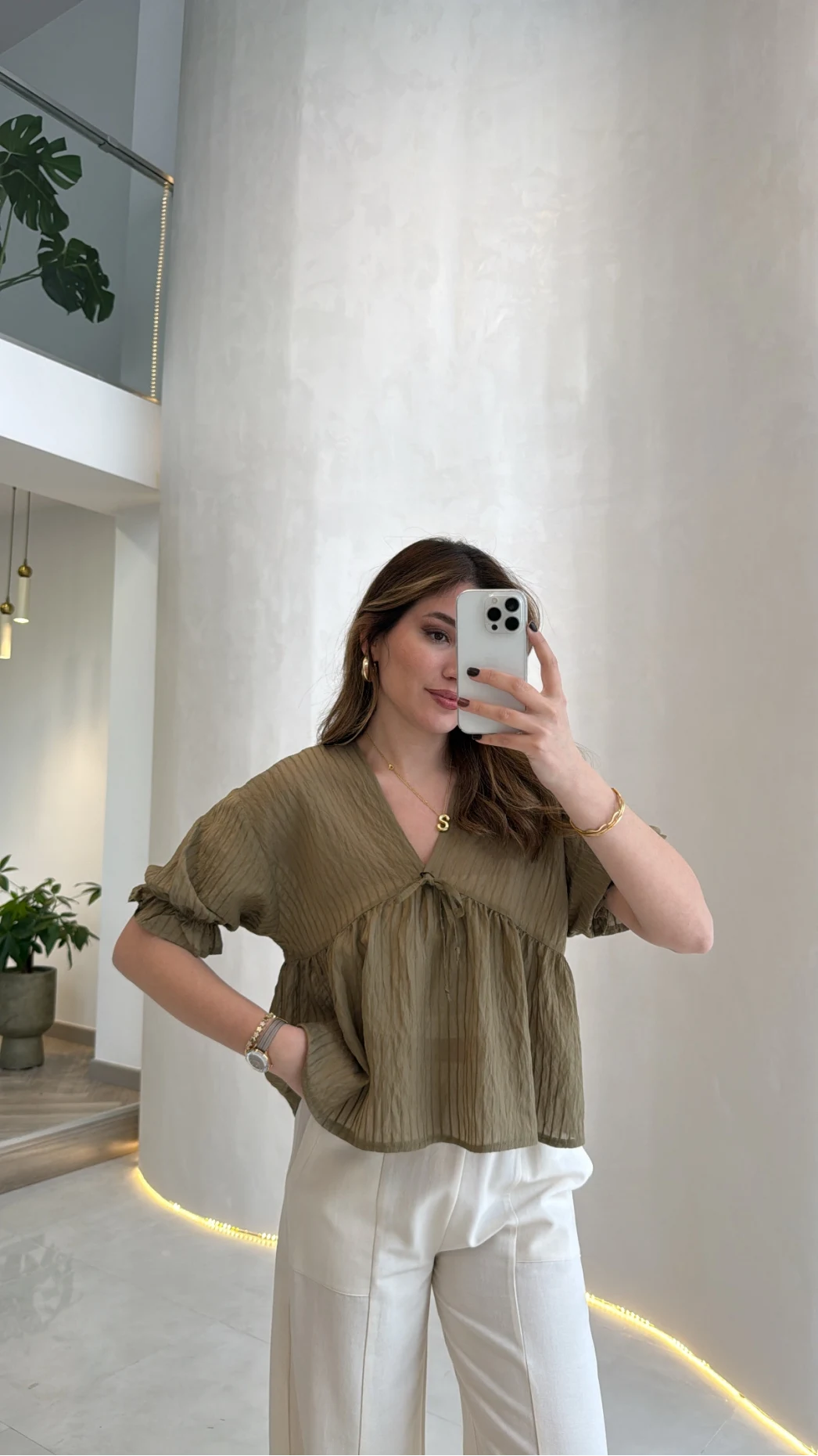 Çizgili Balon Kol Bağlamalı Bluz - Haki - Kod: 1057