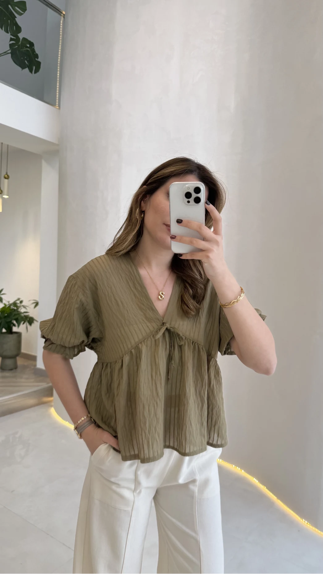 Çizgili Balon Kol Bağlamalı Bluz - Haki - Kod: 1057