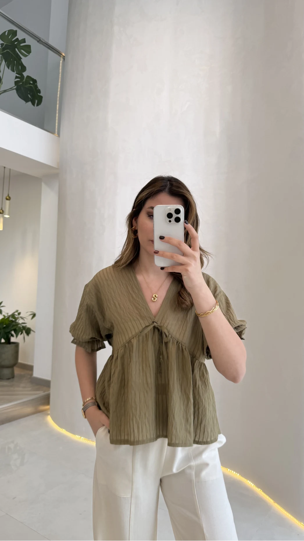 Çizgili Balon Kol Bağlamalı Bluz - Haki - Kod: 1057