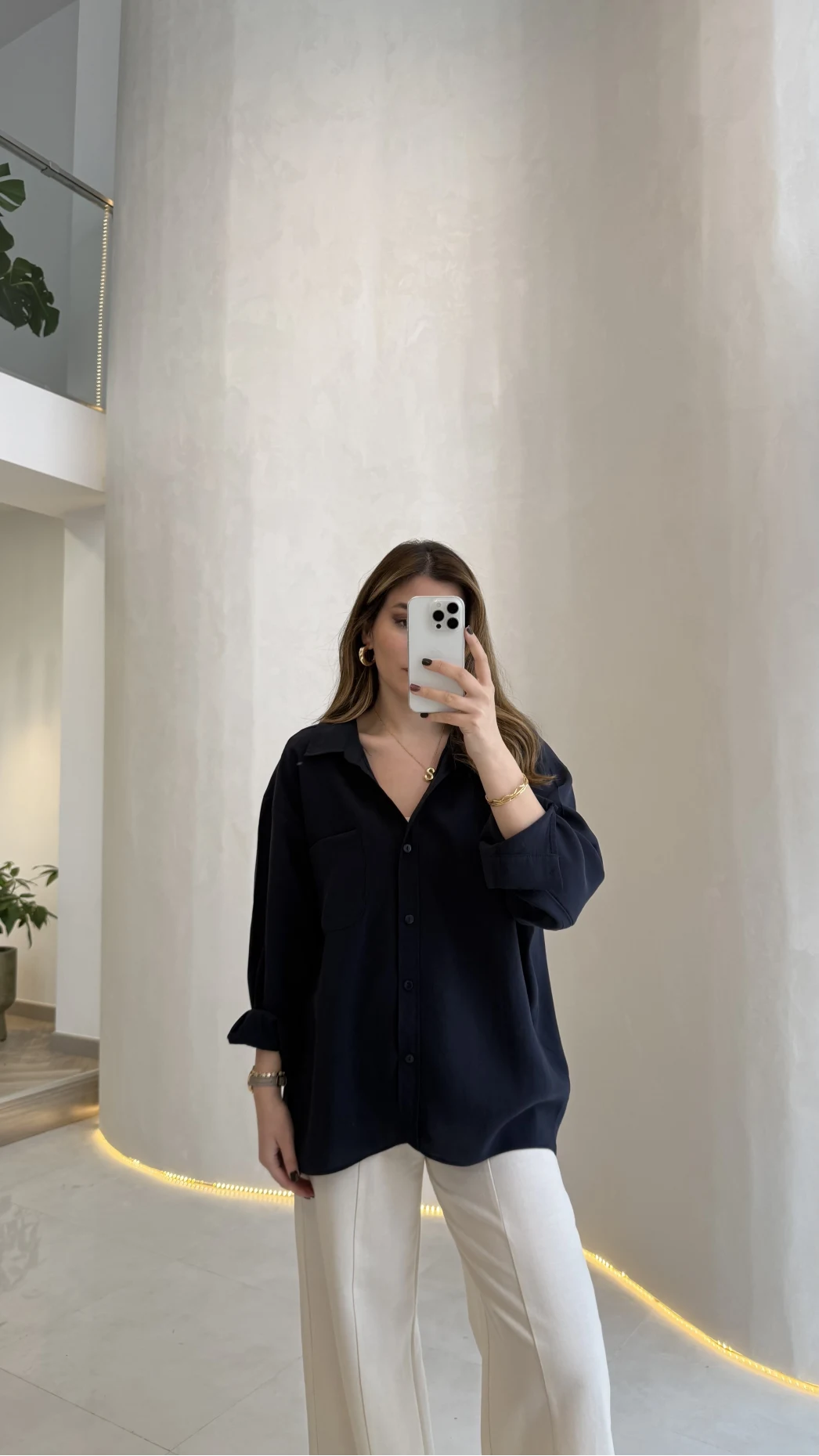 Düşük Omuzlu Modal Gömlek - Lacivert - Kod:5050