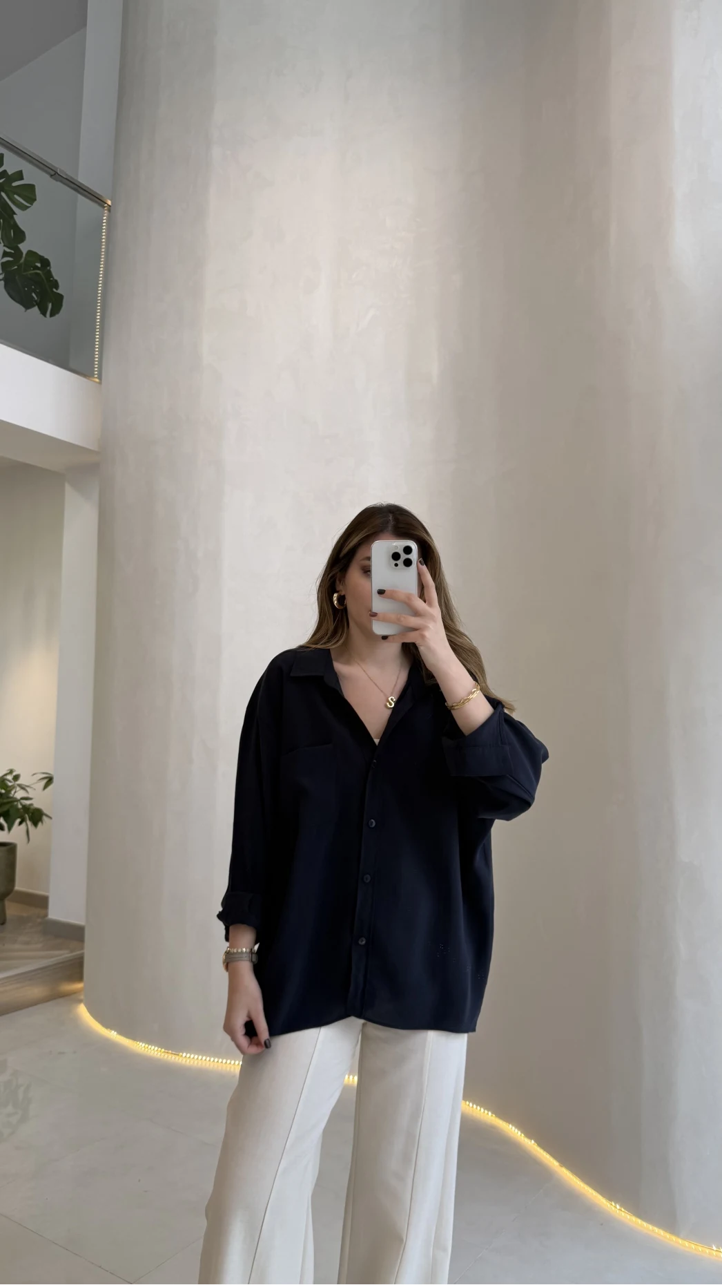 Düşük Omuzlu Modal Gömlek - Lacivert - Kod:5050