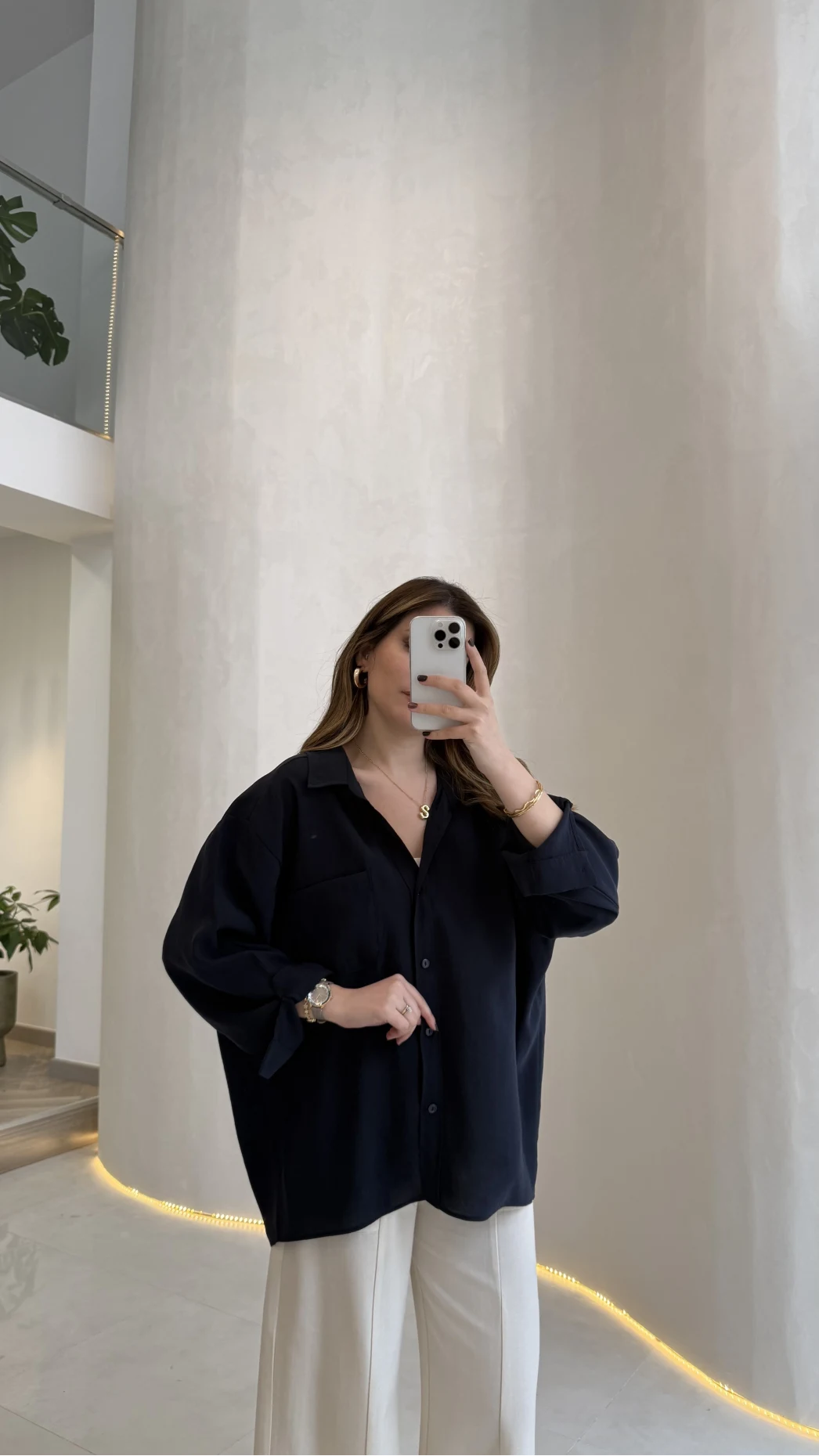 Düşük Omuzlu Modal Gömlek - Lacivert - Kod:5050