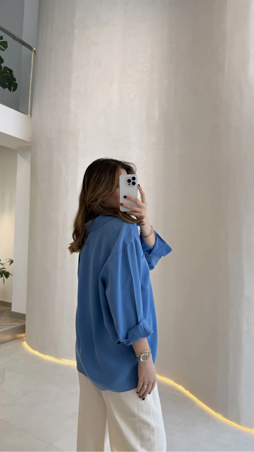 Düşük Omuzlu Modal Gömlek - Saks Mavisi - Kod:5050