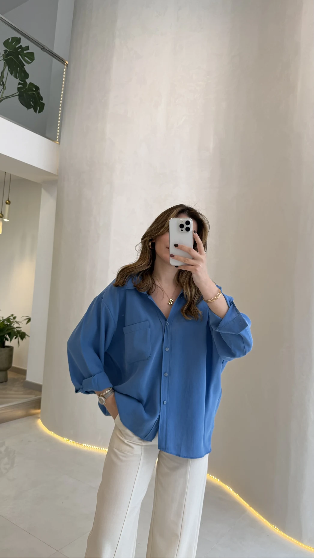 Düşük Omuzlu Modal Gömlek - Saks Mavisi - Kod:5050